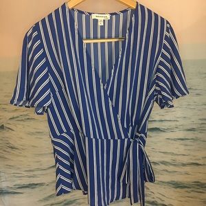 Blue peplum striped wrap blouse